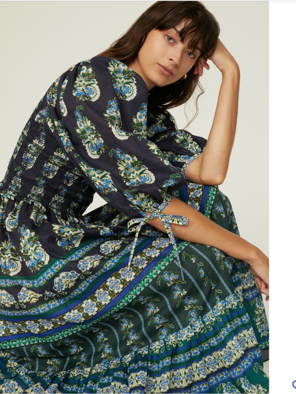 Cara Cara Jazzy Floral Smocked Midi Dress - Navy & Green Small - Picture 3 of 6